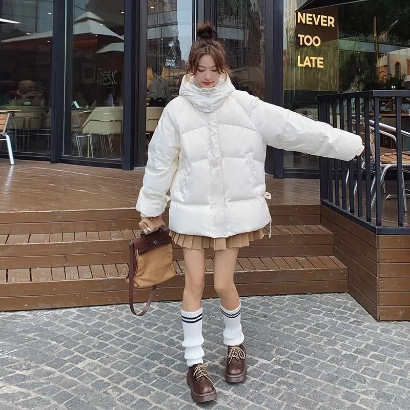 Women's loose cotton-padded jacket with princess sleeves in milky white colour for autumn winter wear