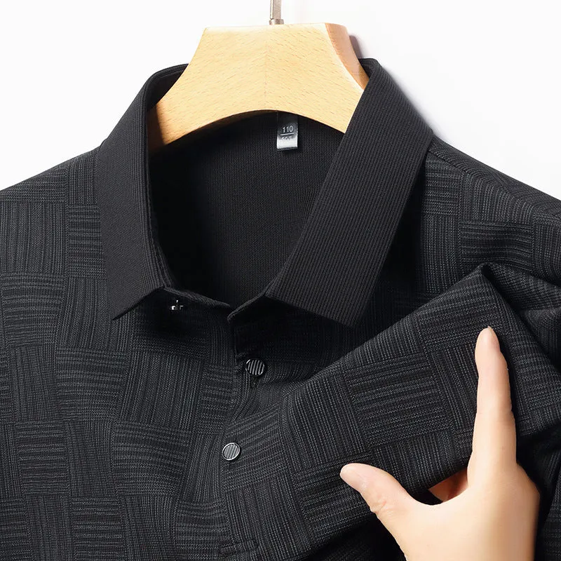 Men's slim fit lapel t-shirt on a hanger, showing the collar detail and available colour options.