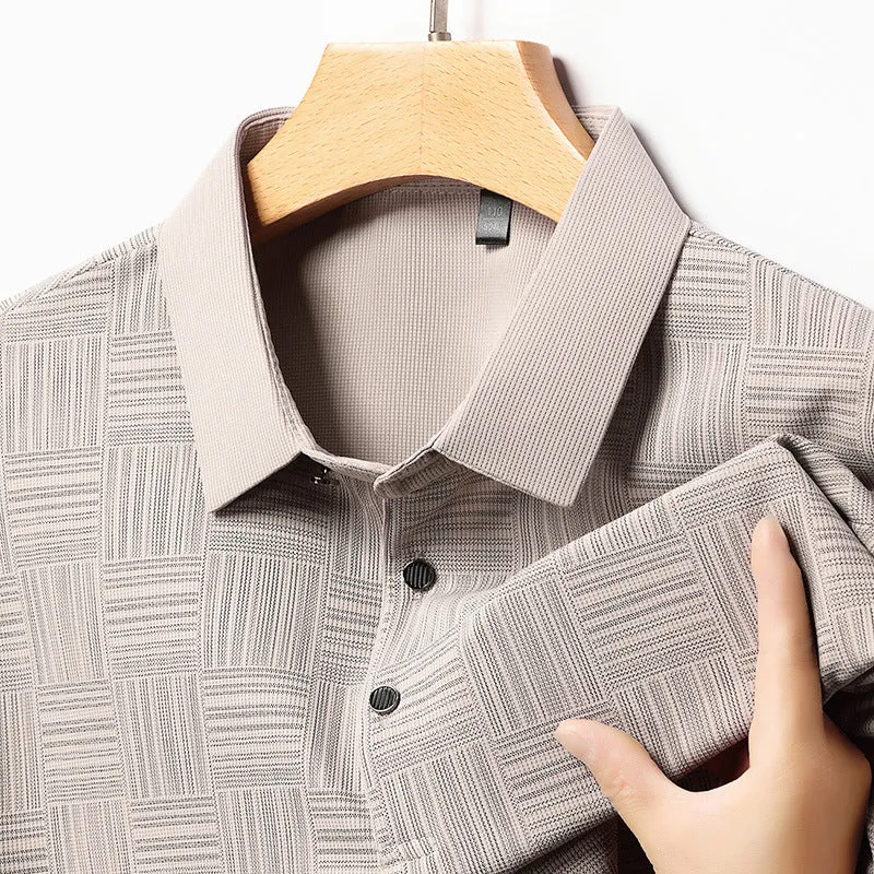 Men's slim fit lapel t-shirt on a hanger, showing the collar detail and available colour options.