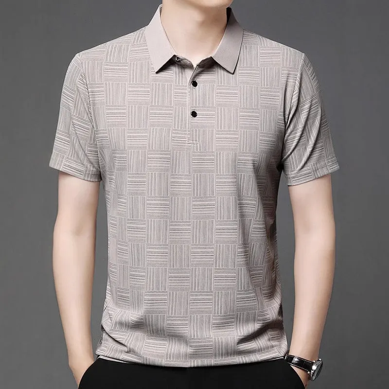 Men's slim fit lapel t-shirt on a hanger, showing the collar detail and available colour options.