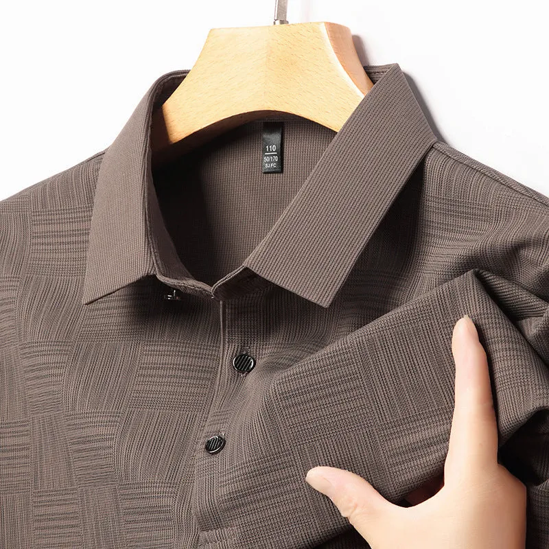 Men's slim fit lapel t-shirt on a hanger, showing the collar detail and available colour options.