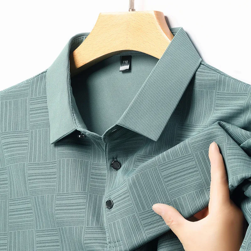 Men's slim fit lapel t-shirt on a hanger, showing the collar detail and available colour options.