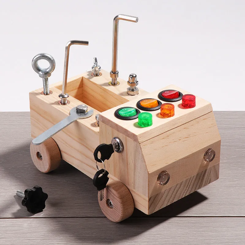 Children's wooden early education switch screw tool car colourful light nut design