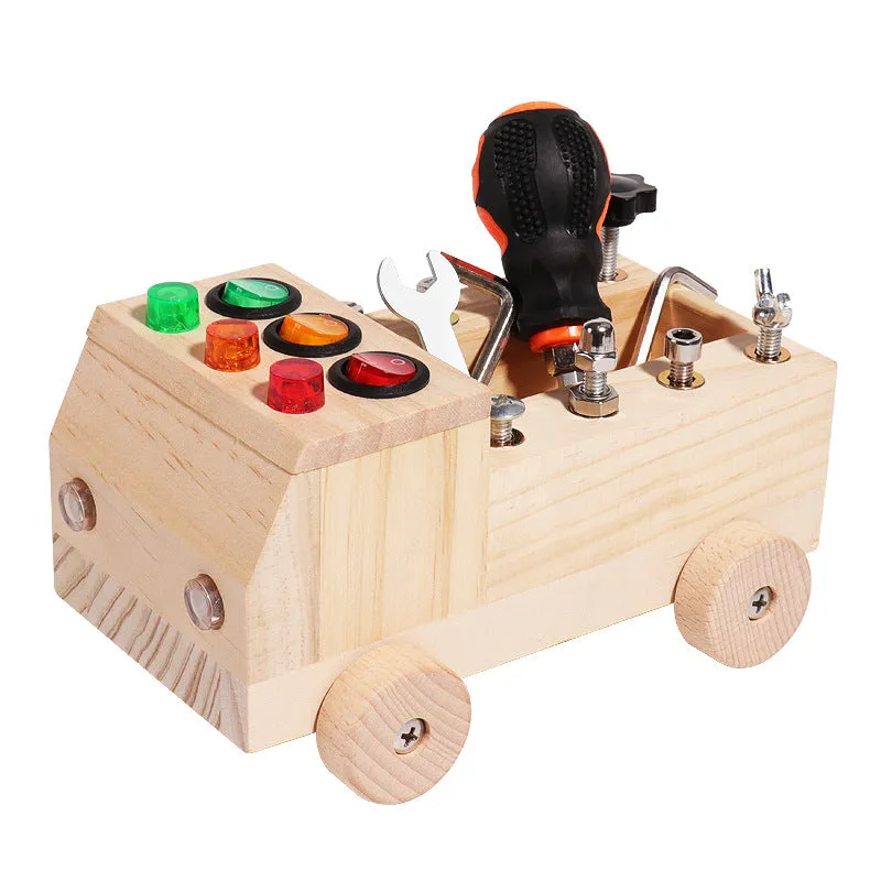 Children's wooden early education switch screw tool car colourful light nut design