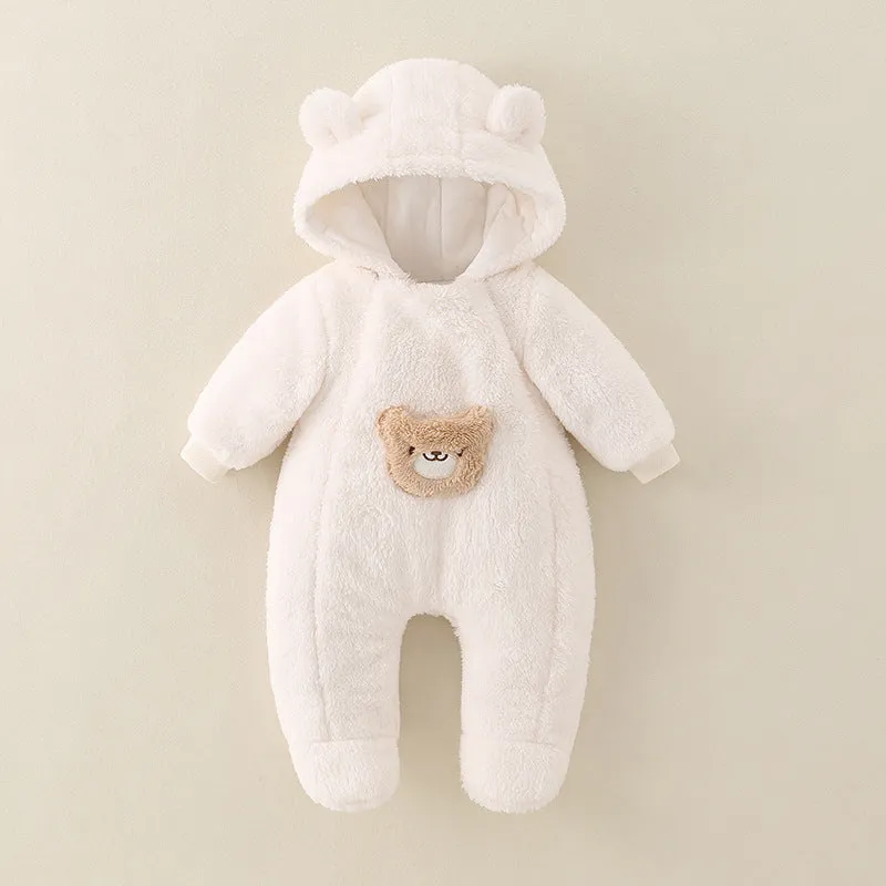 Unisex baby jumpsuit in milky white with full front zipper and long sleeves on white background