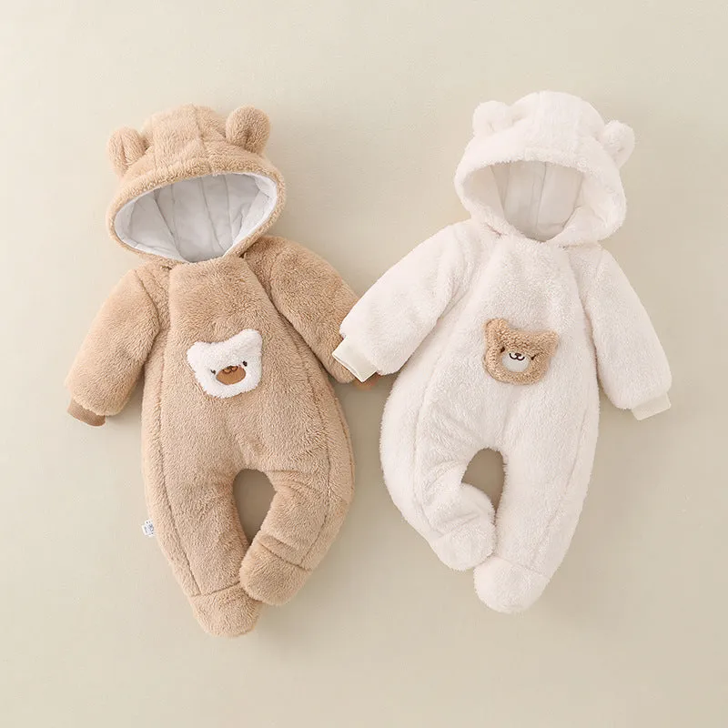 Unisex baby jumpsuit in milky white with full front zipper and long sleeves on white background