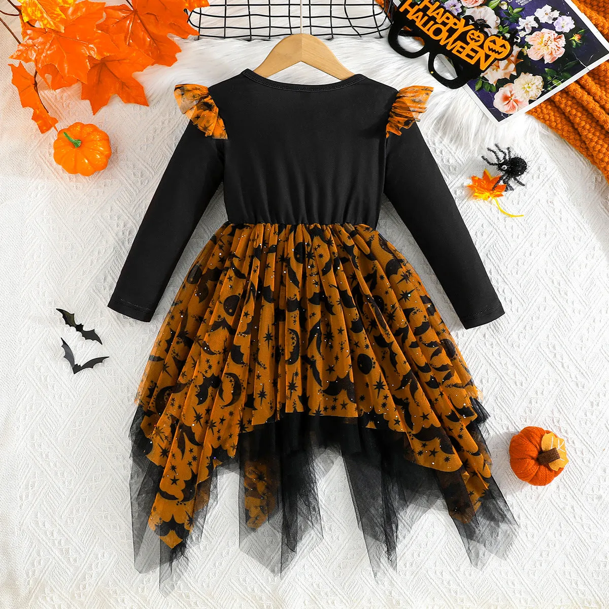 Leopard print girls dress with asymmetric hem and mesh overlay in brown