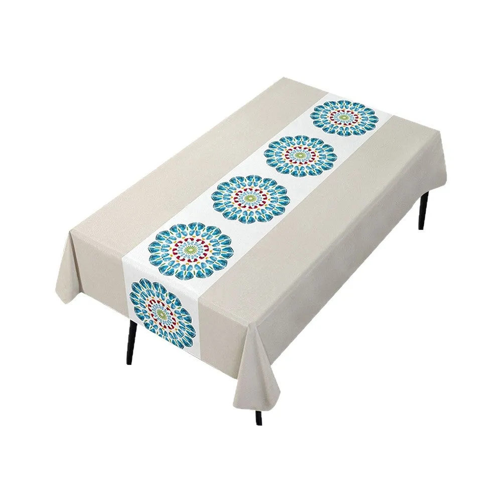 Rectangular PVC tablecloth with non-slip backing on a coffee table, showing geometric pattern