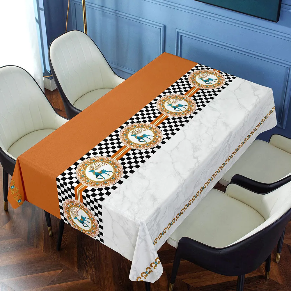 Rectangular PVC tablecloth with non-slip backing on a coffee table, showing geometric pattern