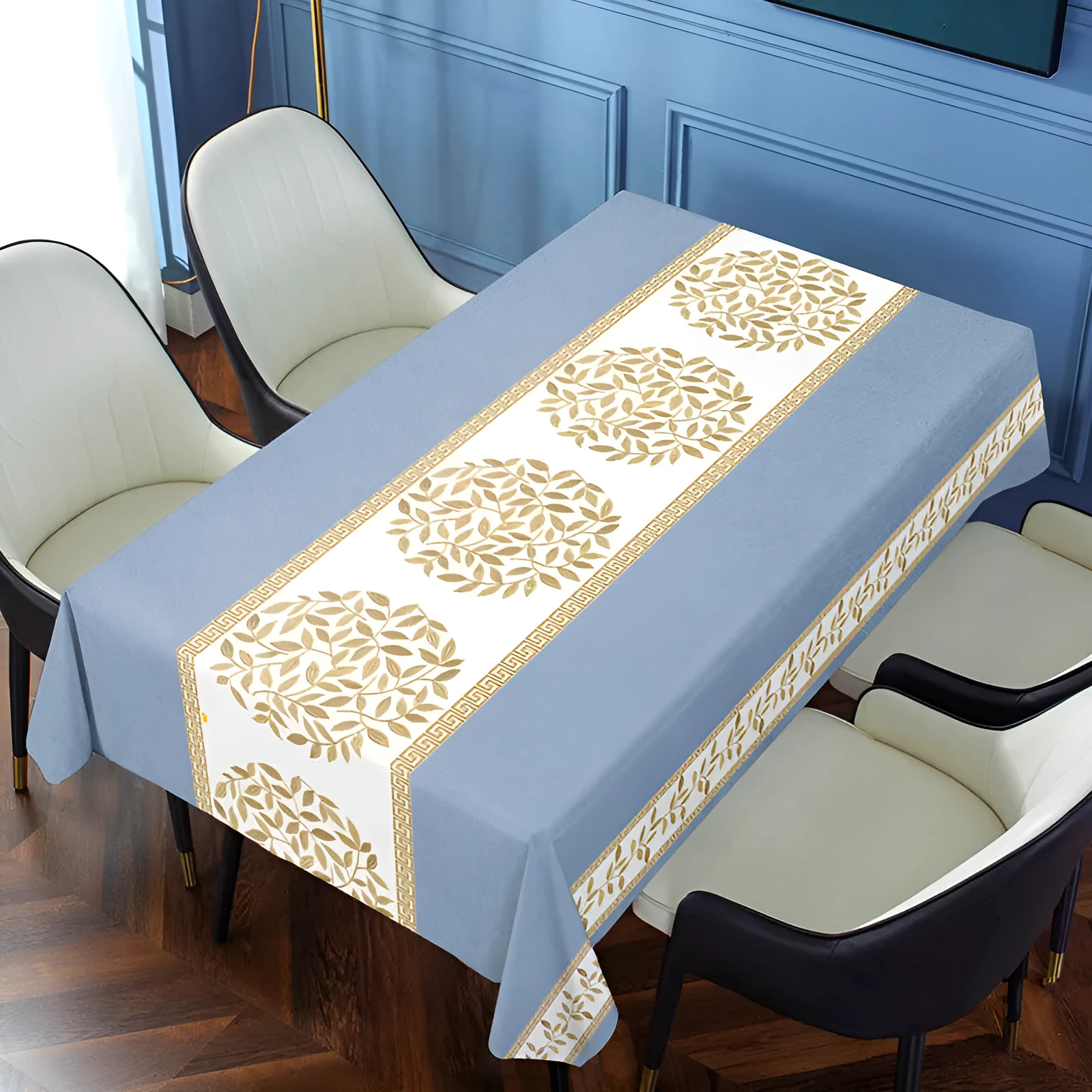 Rectangular PVC tablecloth with non-slip backing on a coffee table, showing geometric pattern
