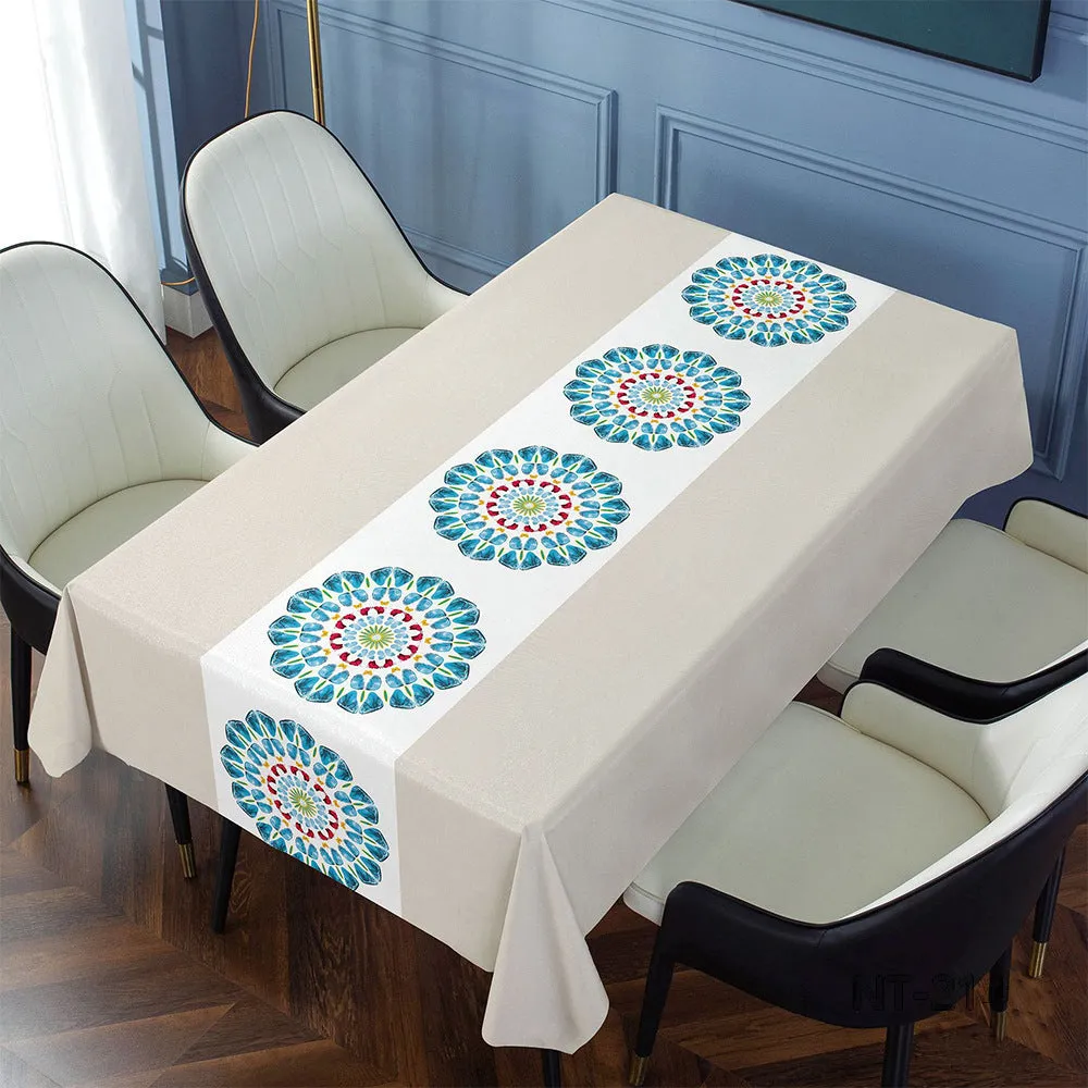 Rectangular PVC tablecloth with non-slip backing on a coffee table, showing geometric pattern