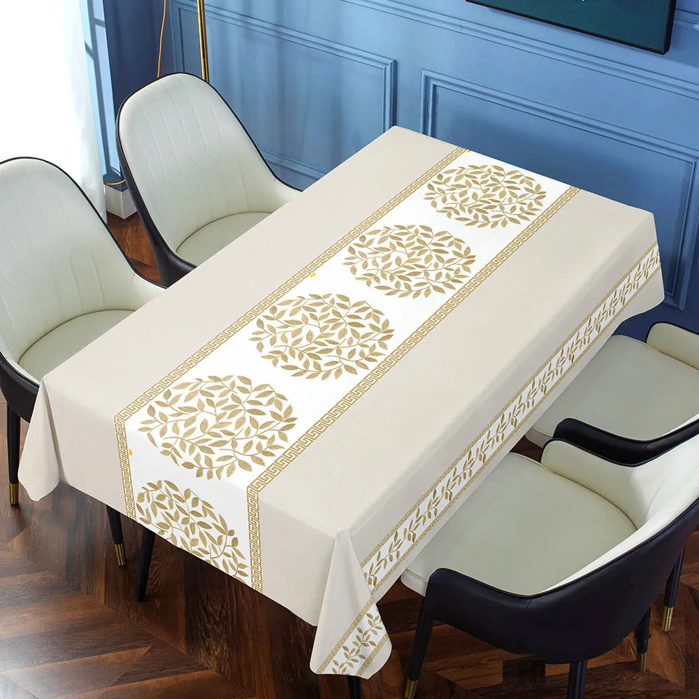 Rectangular PVC tablecloth with non-slip backing on a coffee table, showing geometric pattern