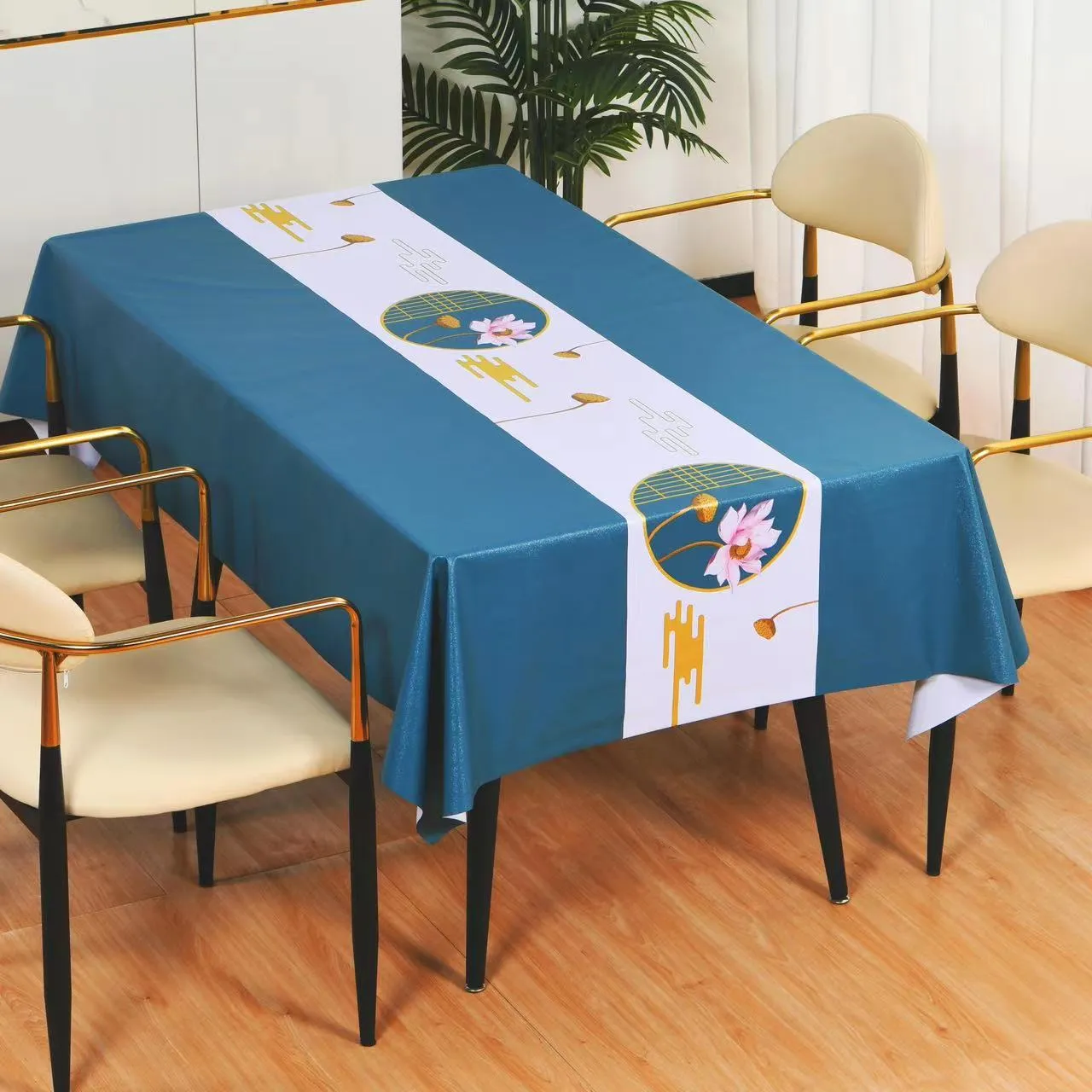 Rectangular PVC tablecloth with non-slip backing on a coffee table, showing geometric pattern