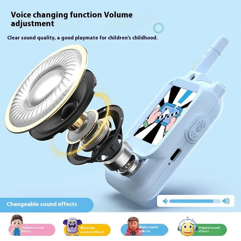 Two mini video walkie talkies for kids in pink and blue with 2.0 inch screen and charging cable