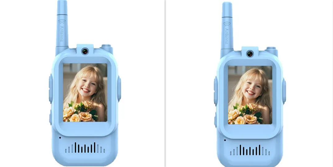 Two mini video walkie talkies for kids in pink and blue with 2.0 inch screen and charging cable