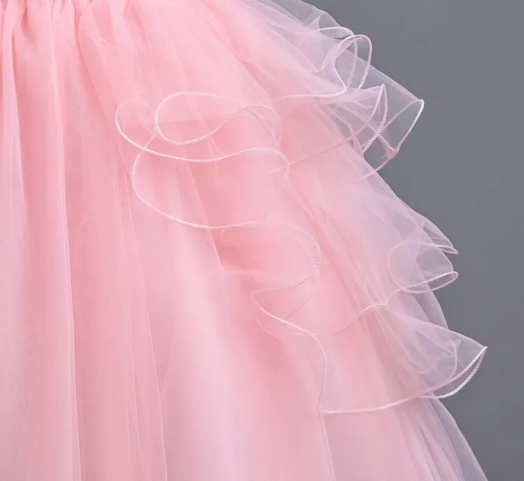 Girls casual princess dress in polyester with Western style, available in white, light pink, blue, champagne, sizes 110-160