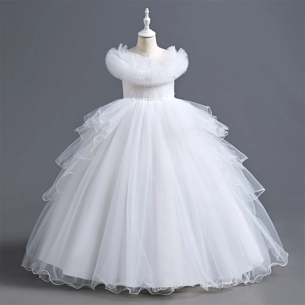 Girls casual princess dress in polyester with Western style, available in white, light pink, blue, champagne, sizes 110-160