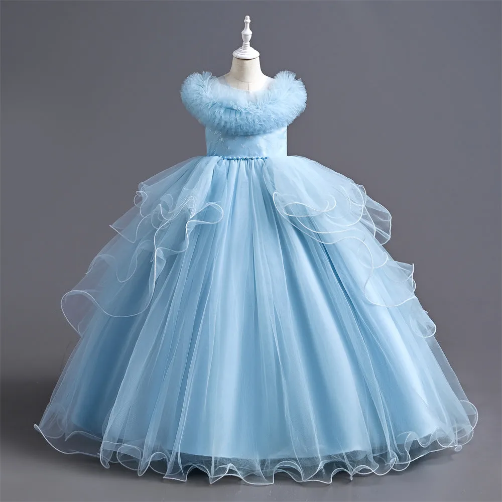 Girls casual princess dress in polyester with Western style, available in white, light pink, blue, champagne, sizes 110-160