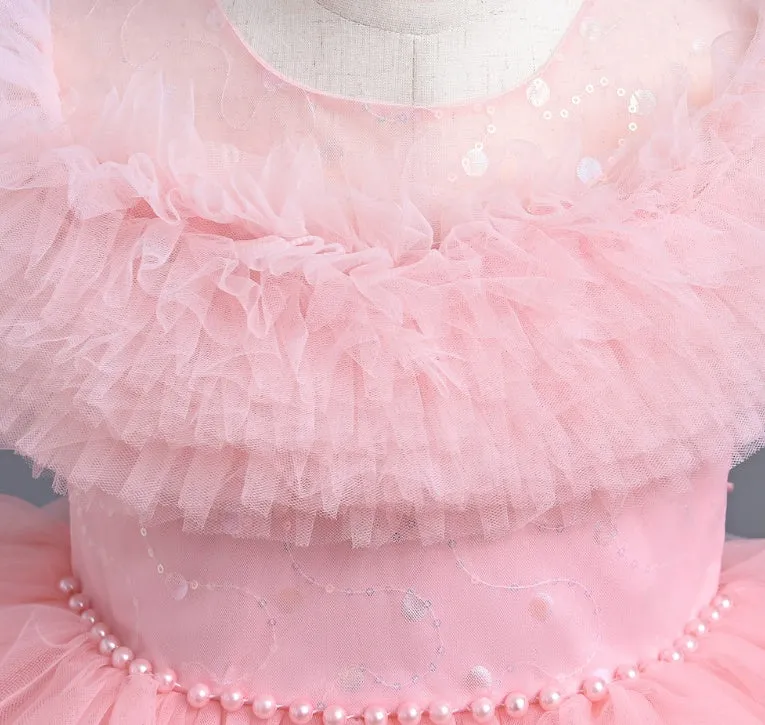 Girls casual princess dress in polyester with Western style, available in white, light pink, blue, champagne, sizes 110-160