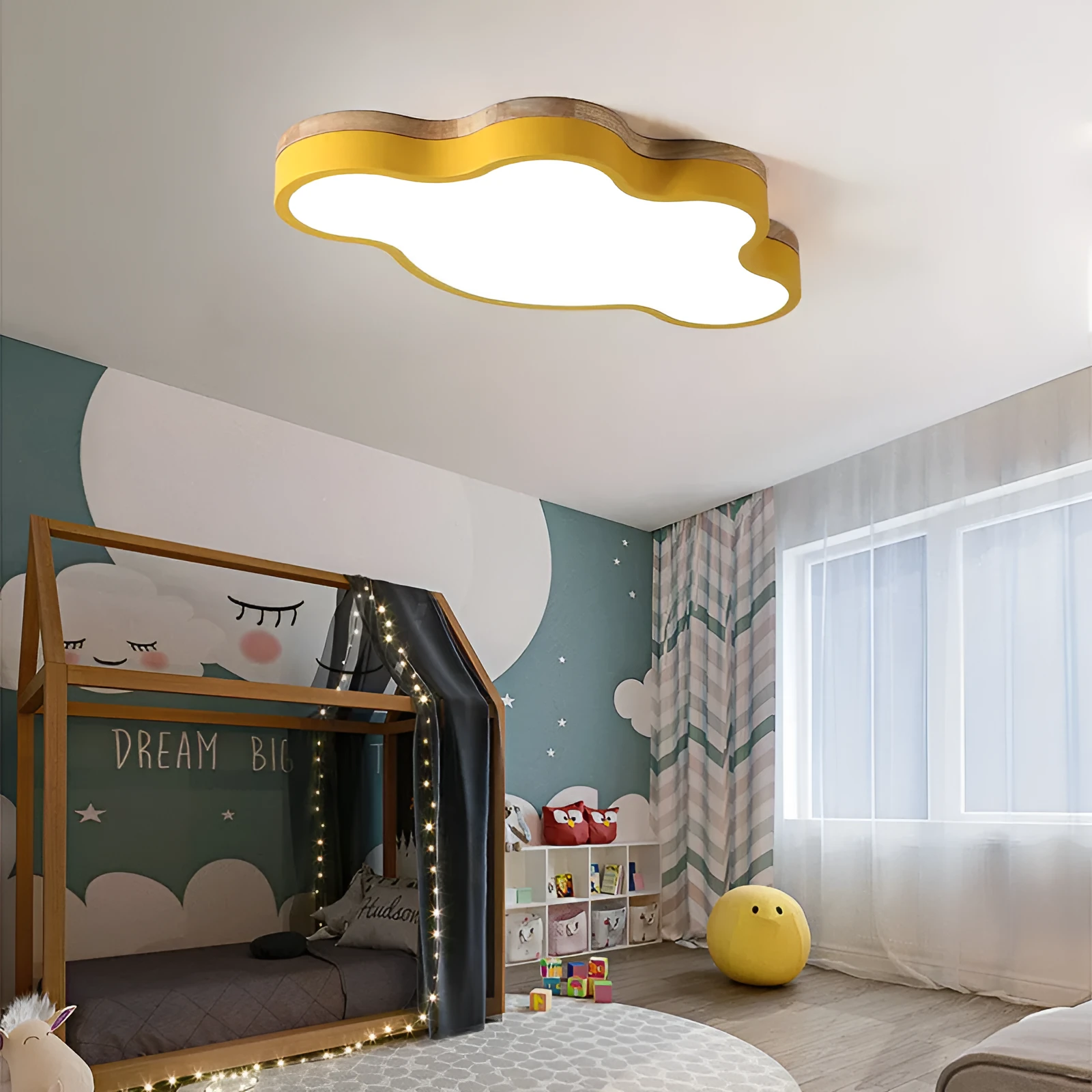 Modern wooden-tone cloud shaped LED ceiling light with dimmable and colour changing options.