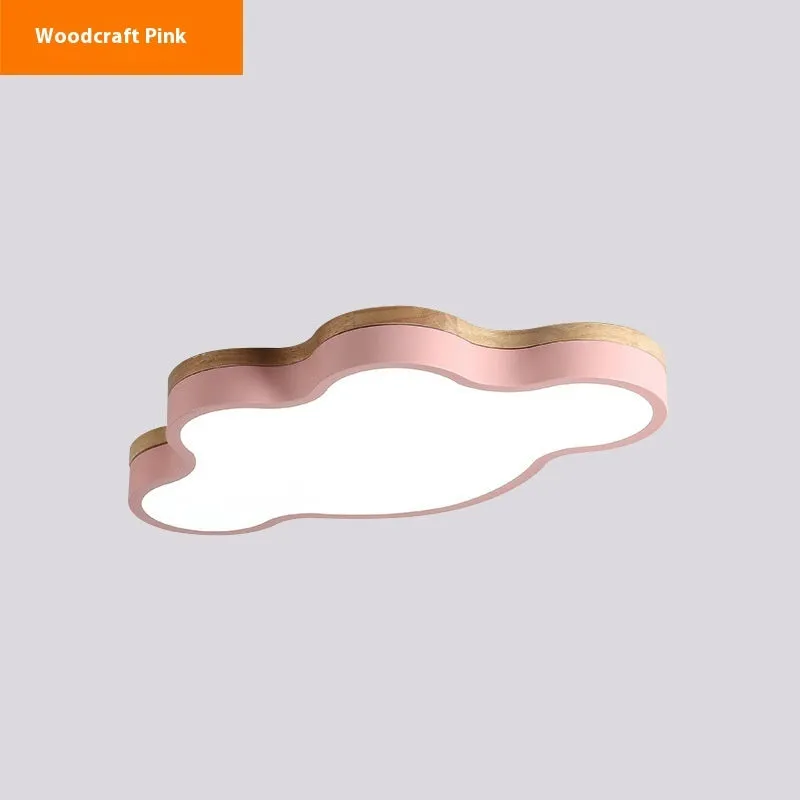 Modern wooden-tone cloud shaped LED ceiling light with dimmable and colour changing options.