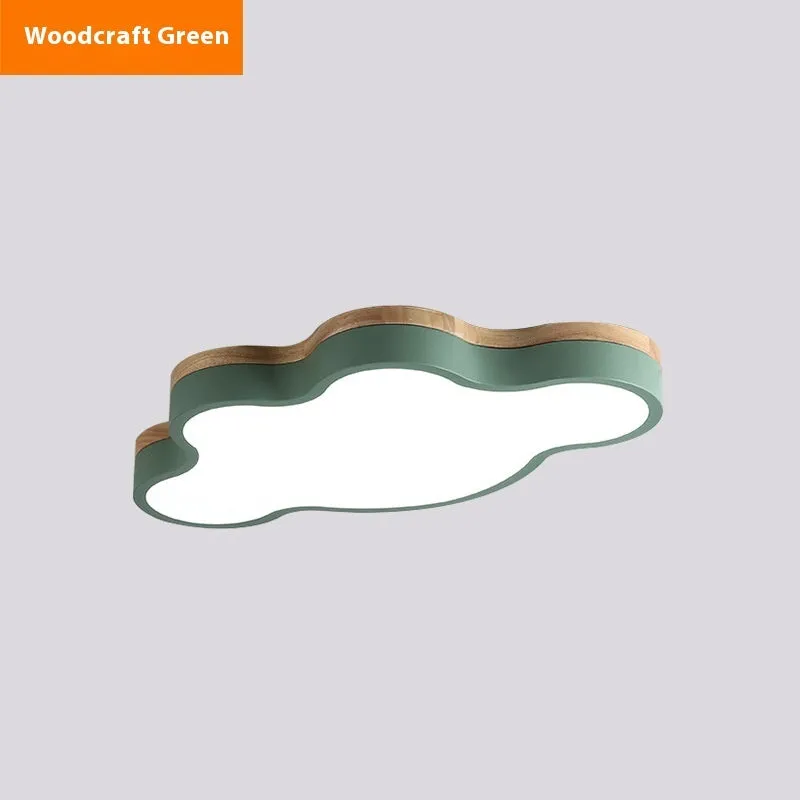 Modern wooden-tone cloud shaped LED ceiling light with dimmable and colour changing options.