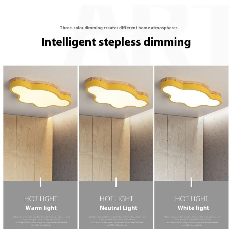 Modern wooden-tone cloud shaped LED ceiling light with dimmable and colour changing options.