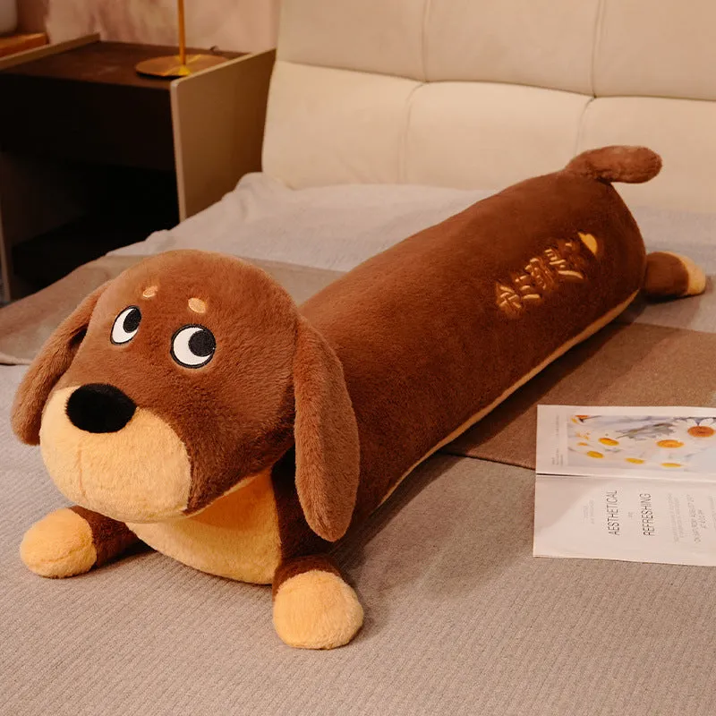 Cute cartoon puppy plush toy long pillow in short plush fabric, brown colour, 80cm size