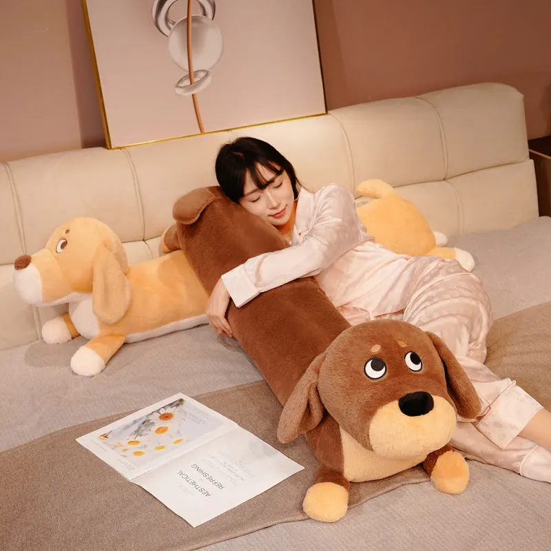 Cute cartoon puppy plush toy long pillow in short plush fabric, brown colour, 80cm size