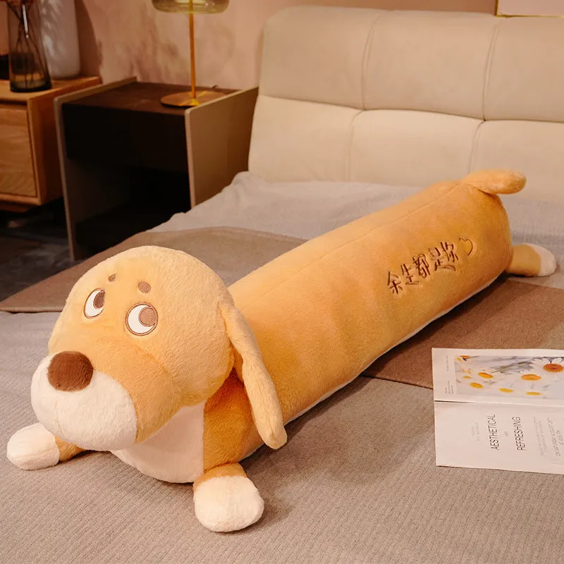Cute cartoon puppy plush toy long pillow in short plush fabric, brown colour, 80cm size