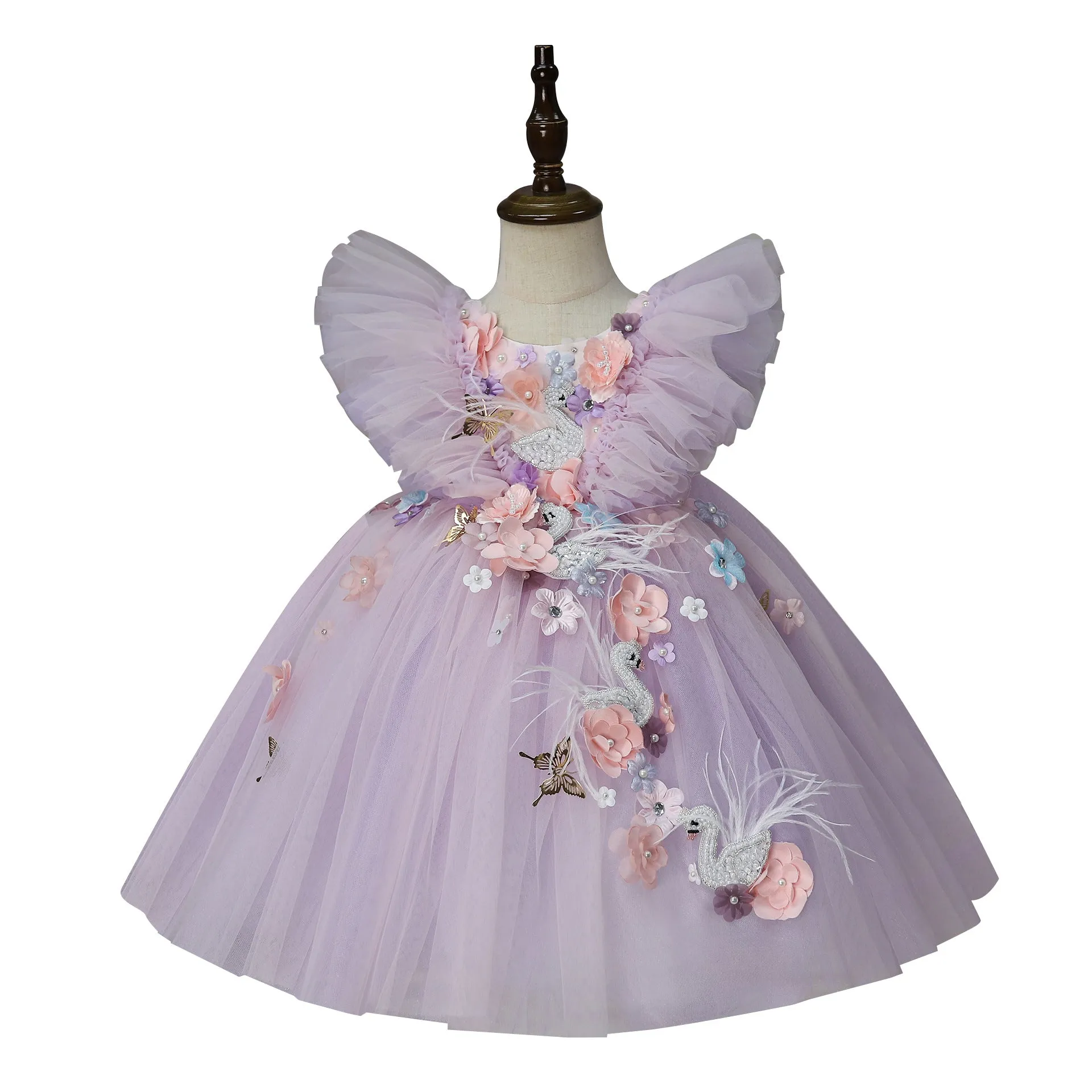 Light purple children's flower-patterned tulle tutu princess dress with feather trim on a white background
