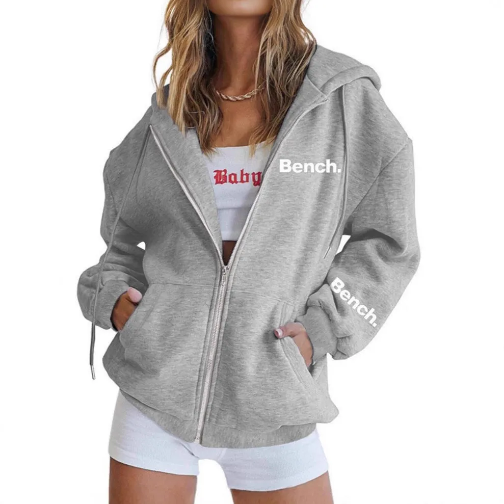 A black loose-fit zipper hooded sweater coat on a hanger, showing the full front zipper and hood.