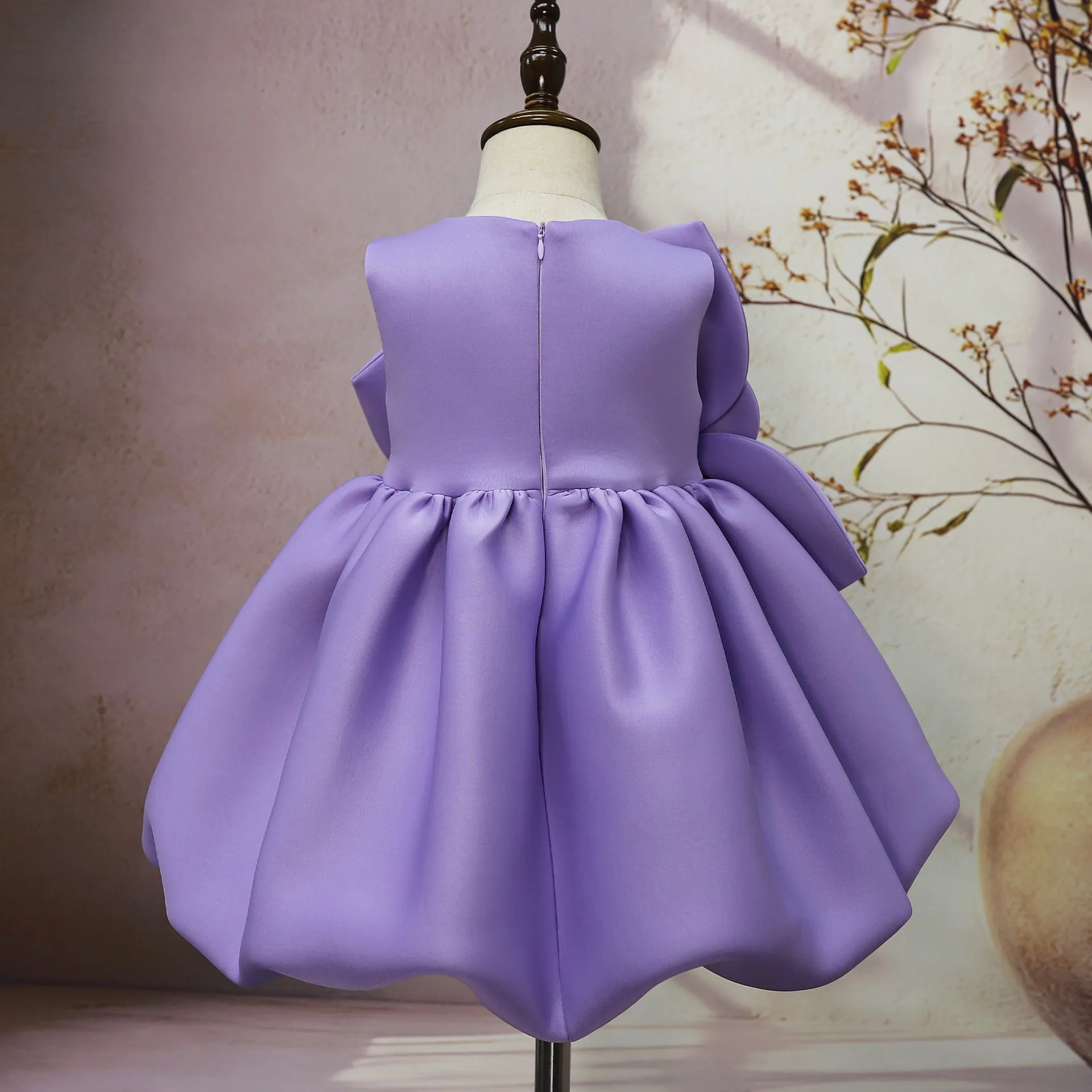 Purple solid colour dress with flower pattern for girls, acetate fabric, available in 90cm to 130cm heights