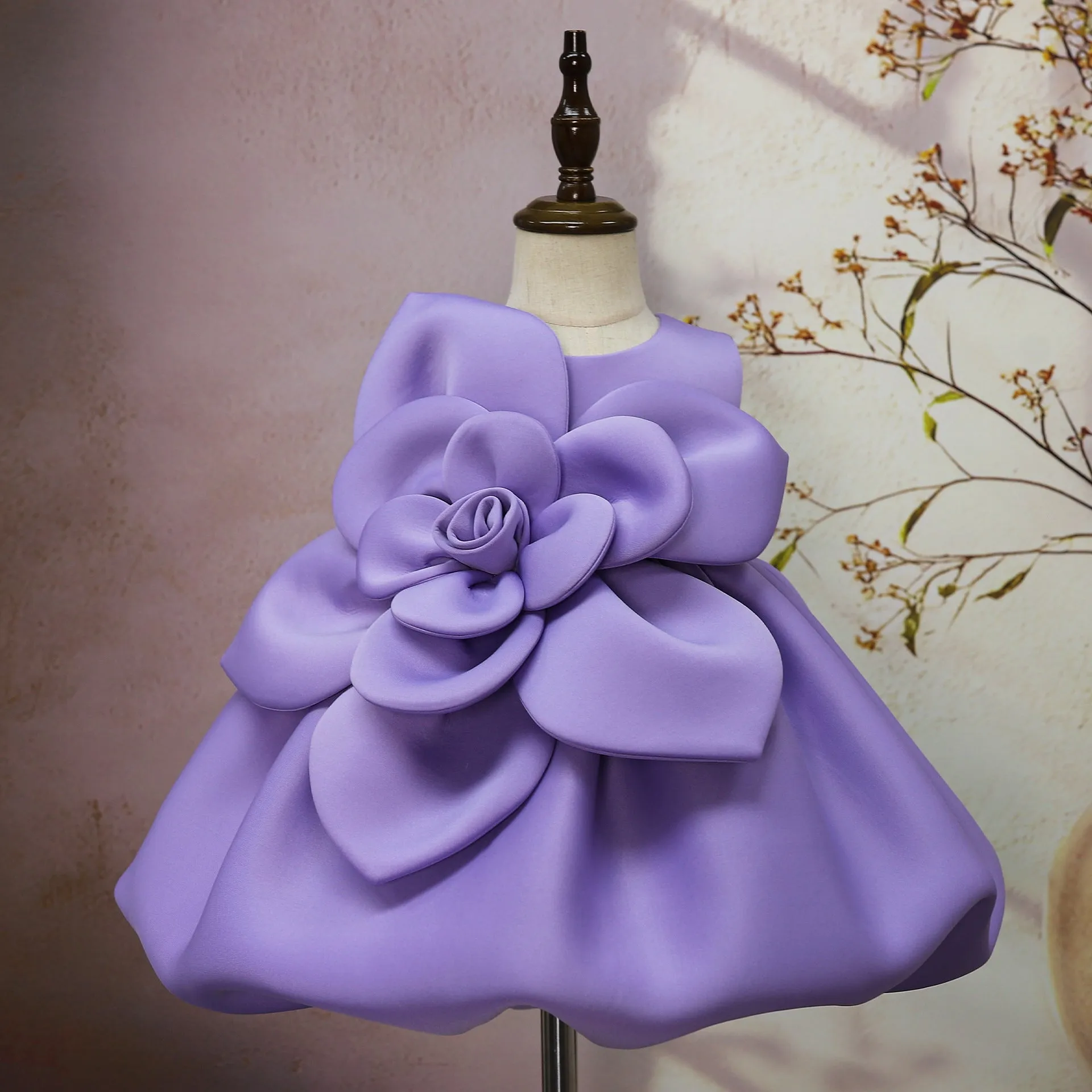 Purple solid colour dress with flower pattern for girls, acetate fabric, available in 90cm to 130cm heights
