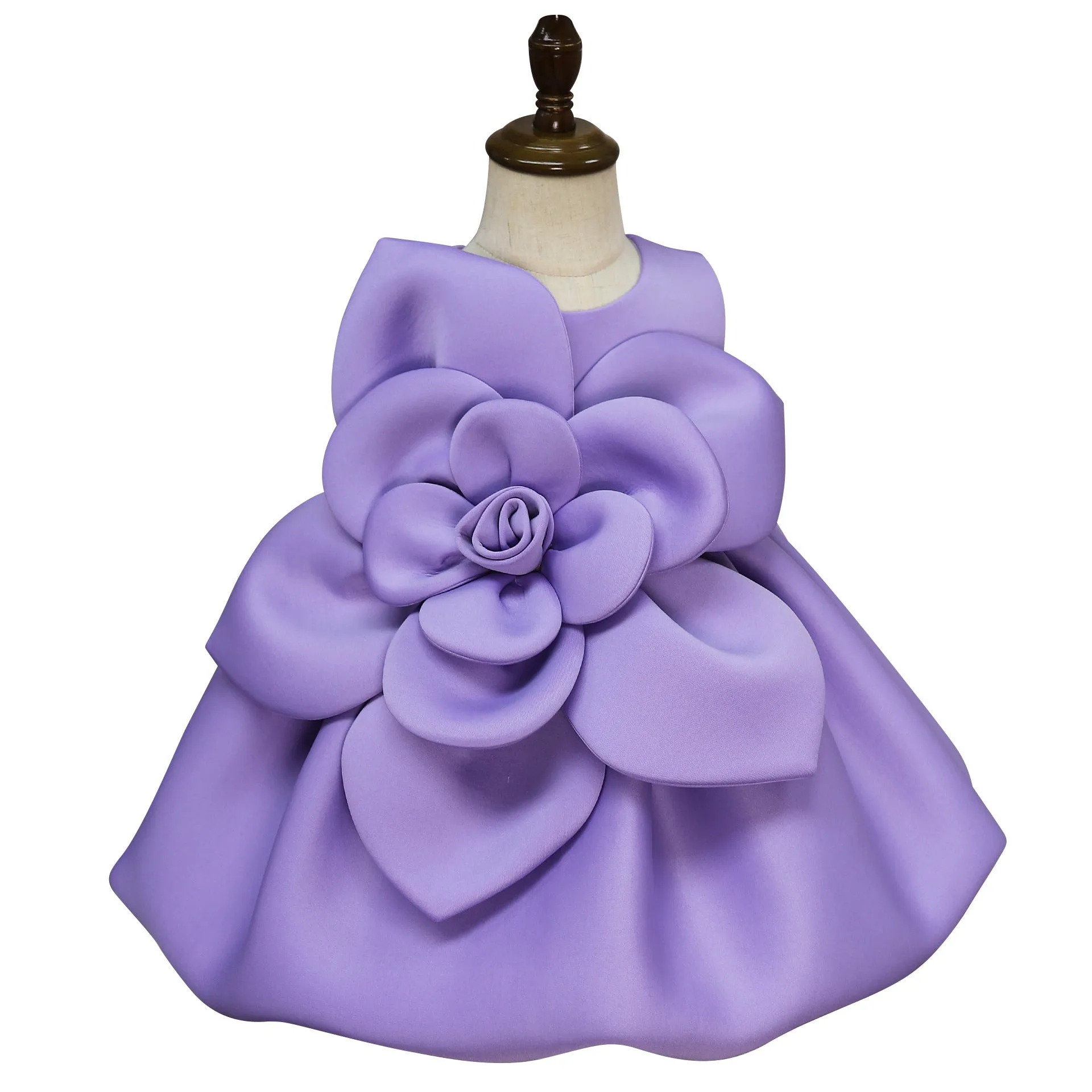 Purple solid colour dress with flower pattern for girls, acetate fabric, available in 90cm to 130cm heights
