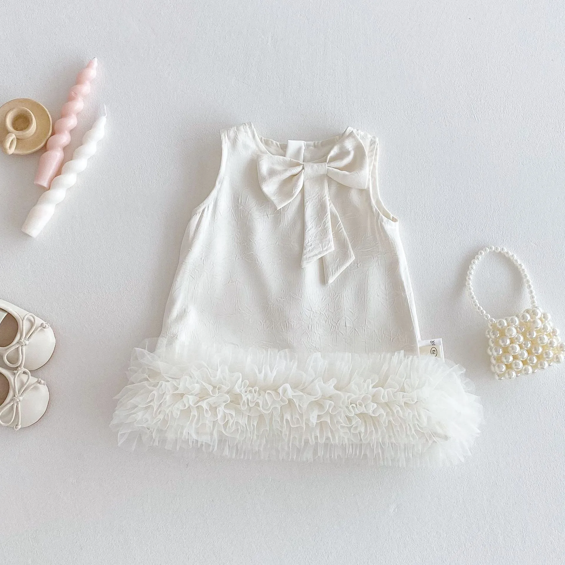 Children's Korean-style solid colour dress with bow in cream rice, polyester fibre, for height 100 cm