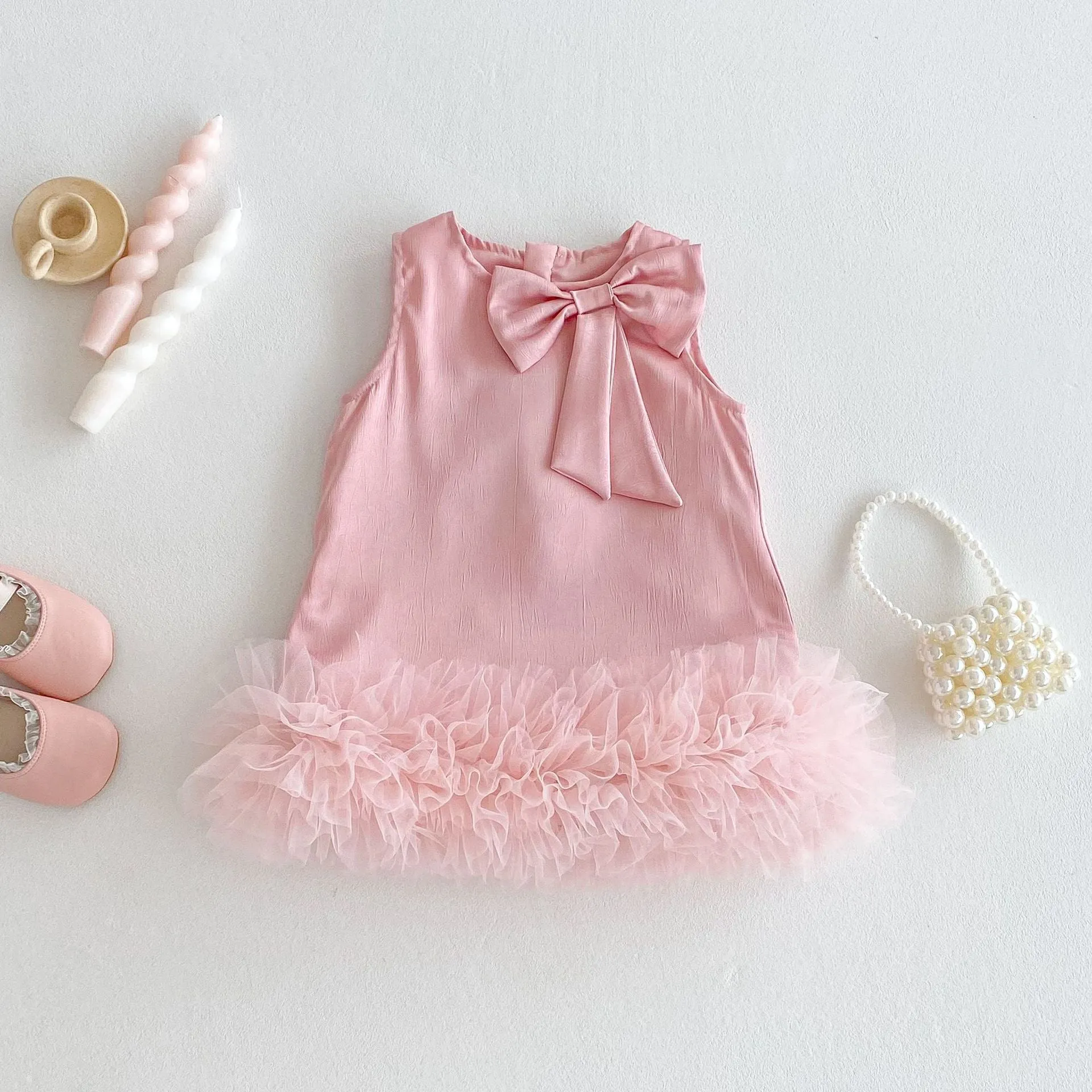 Children's Korean-style solid colour dress with bow in cream rice, polyester fibre, for height 100 cm