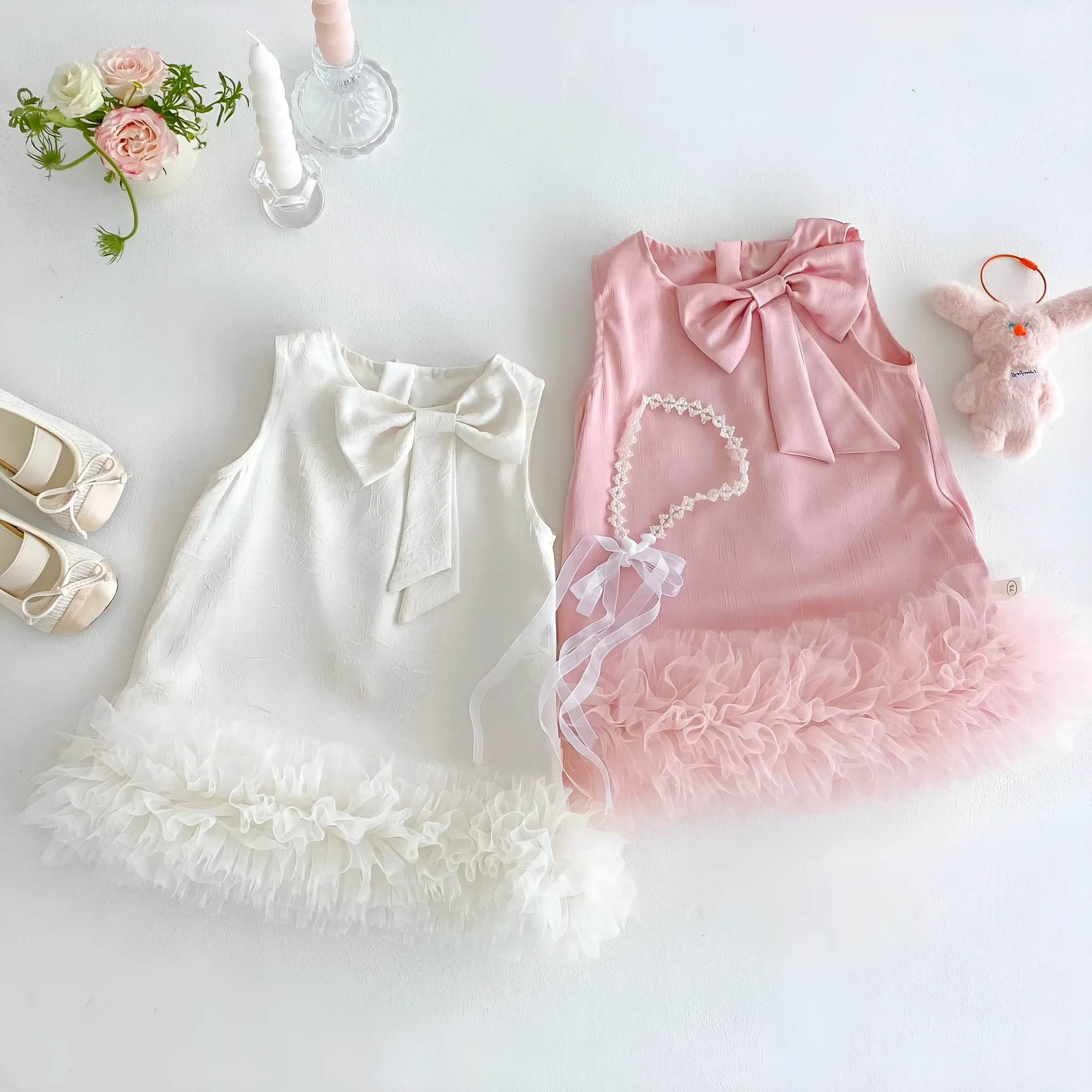 Children's Korean-style solid colour dress with bow in cream rice, polyester fibre, for height 100 cm