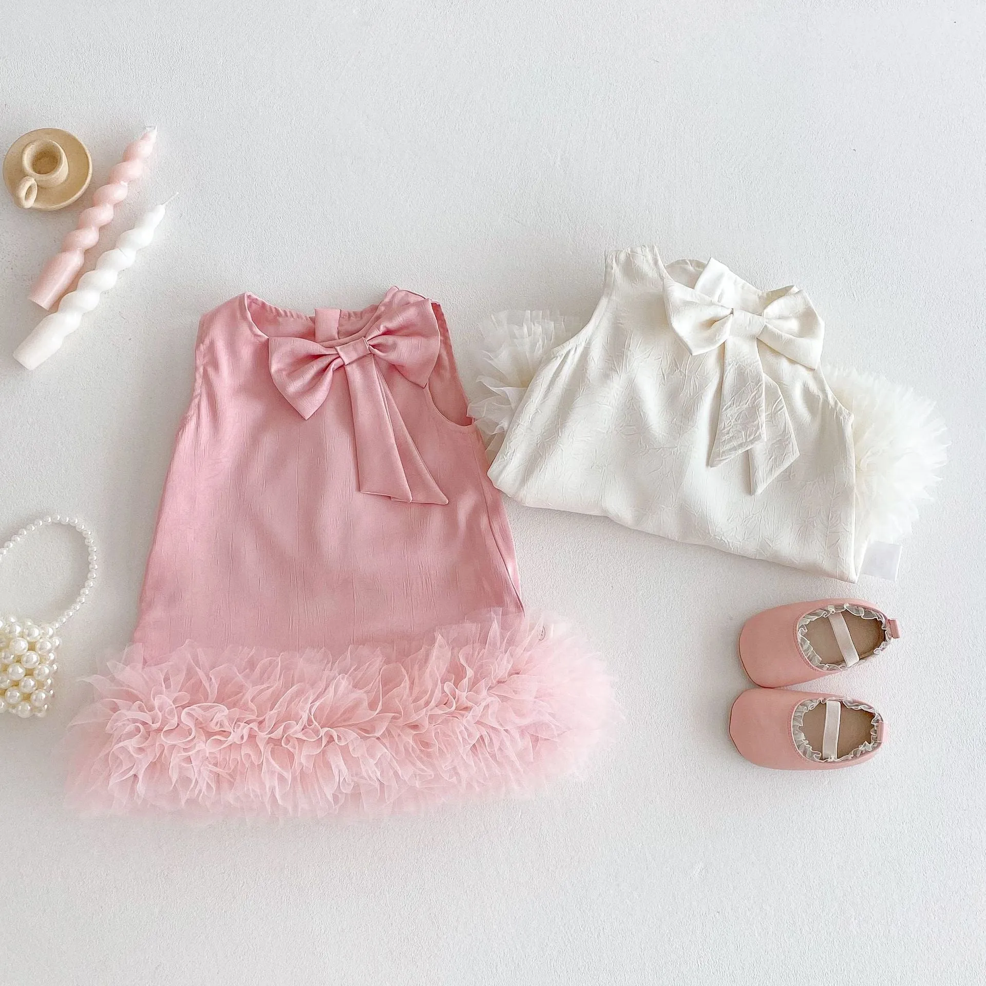 Children's Korean-style solid colour dress with bow in cream rice, polyester fibre, for height 100 cm