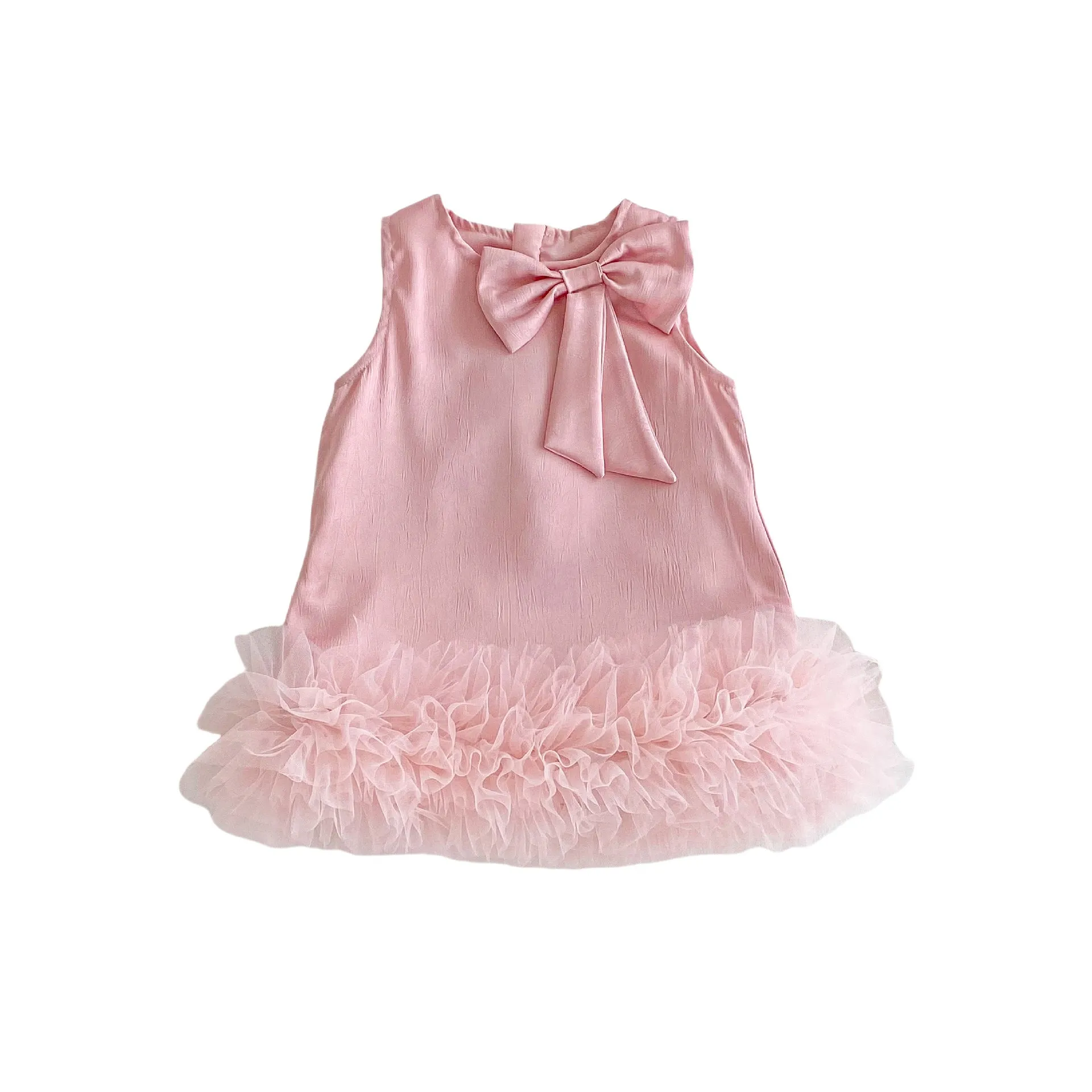 Children's Korean-style solid colour dress with bow in cream rice, polyester fibre, for height 100 cm