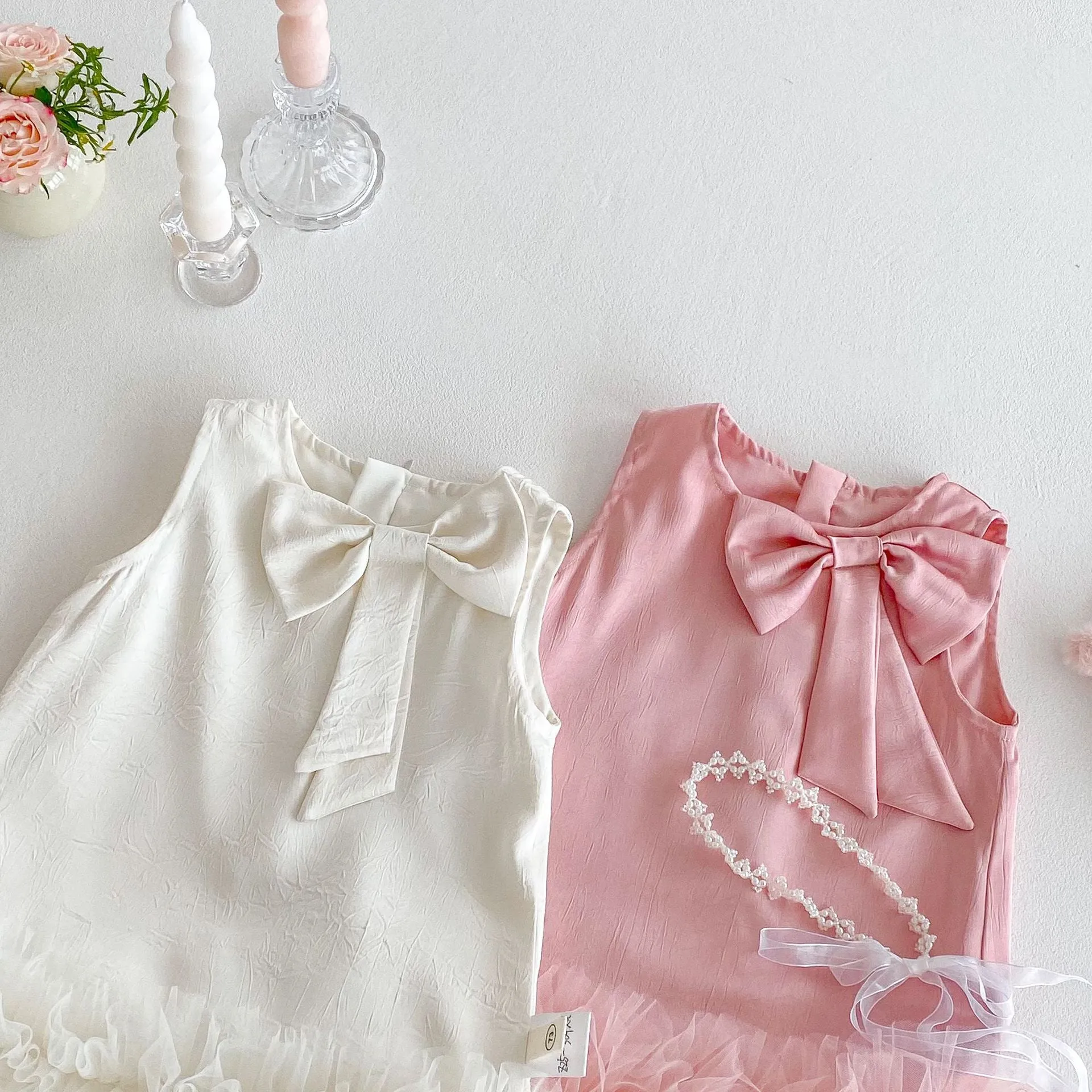 Children's Korean-style solid colour dress with bow in cream rice, polyester fibre, for height 100 cm
