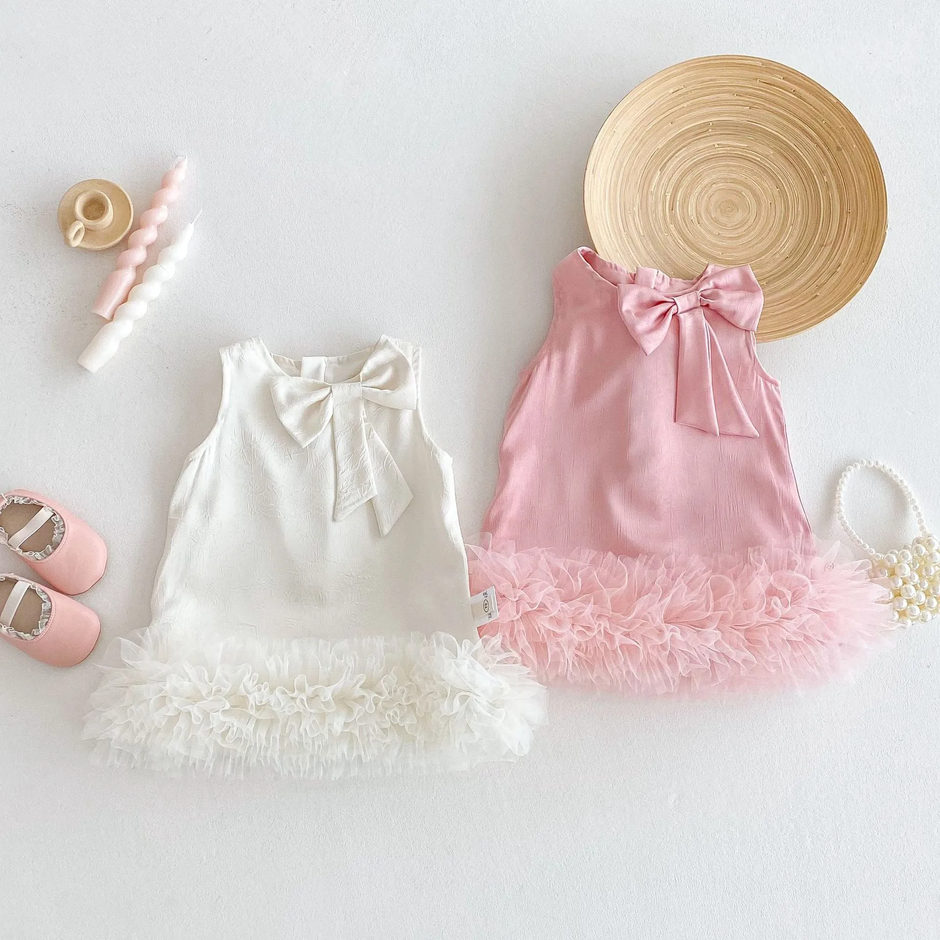 Children's Korean-style solid colour dress with bow in cream rice, polyester fibre, for height 100 cm