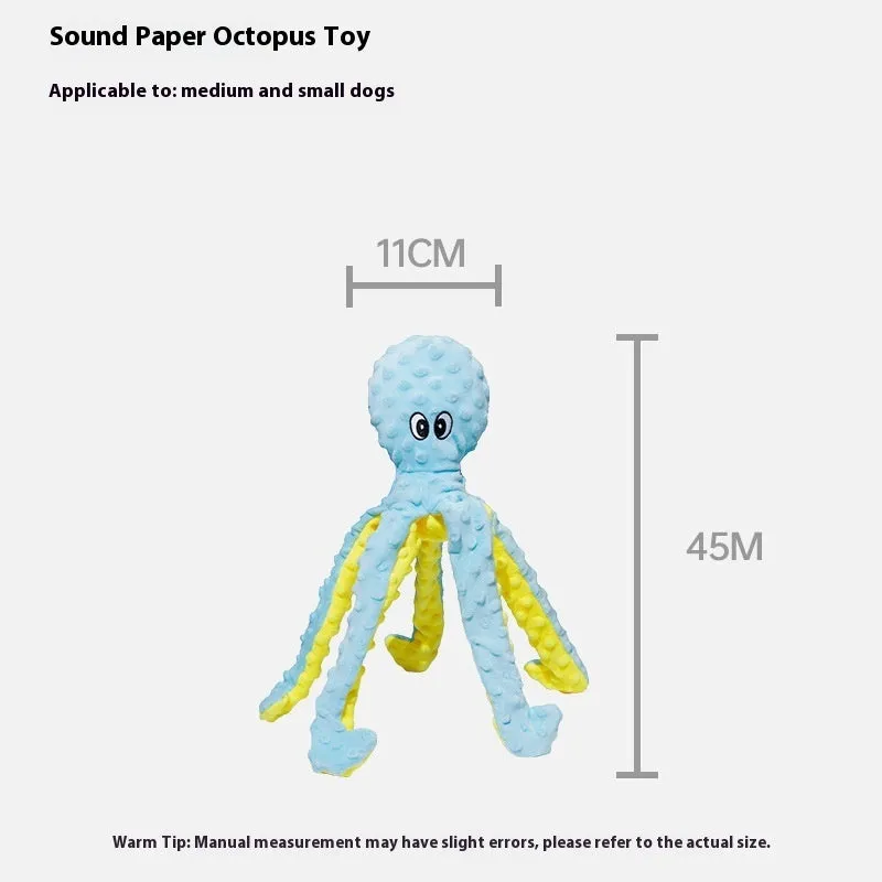 Blue crocheted long-legged octopus pet toy with ringing and creaking sounds on white background