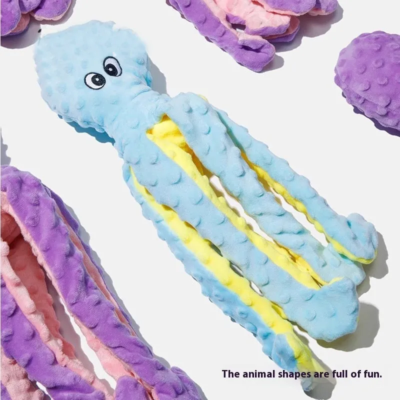 Blue crocheted long-legged octopus pet toy with ringing and creaking sounds on white background
