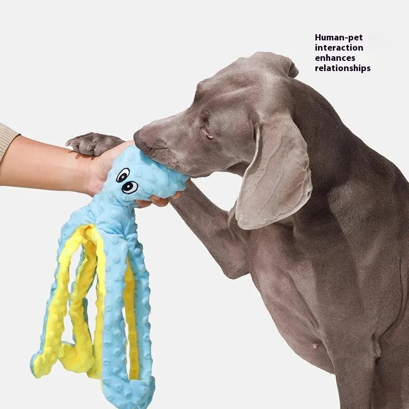 Blue crocheted long-legged octopus pet toy with ringing and creaking sounds on white background