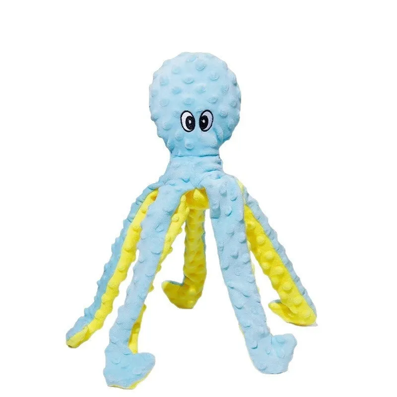 Blue crocheted long-legged octopus pet toy with ringing and creaking sounds on white background