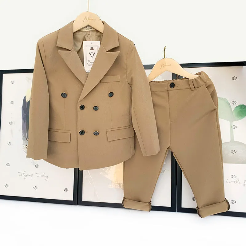 Boys two-piece suit set with long sleeve shirt and trousers in light blue, size 100cm