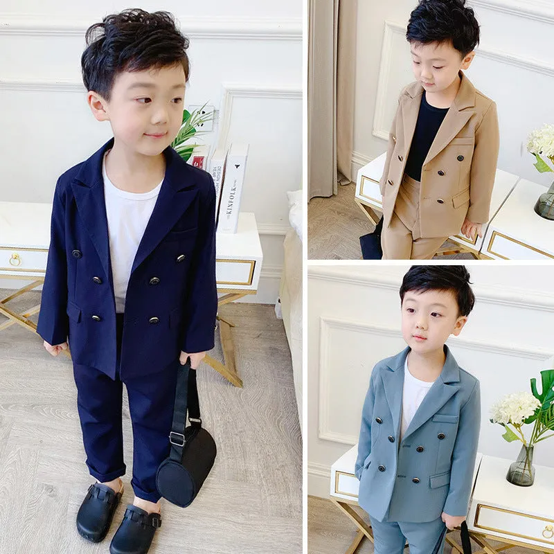 Boys two-piece suit set with long sleeve shirt and trousers in light blue, size 100cm
