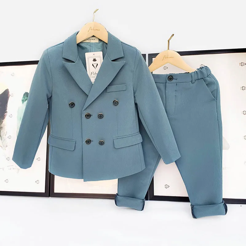 Boys two-piece suit set with long sleeve shirt and trousers in light blue, size 100cm