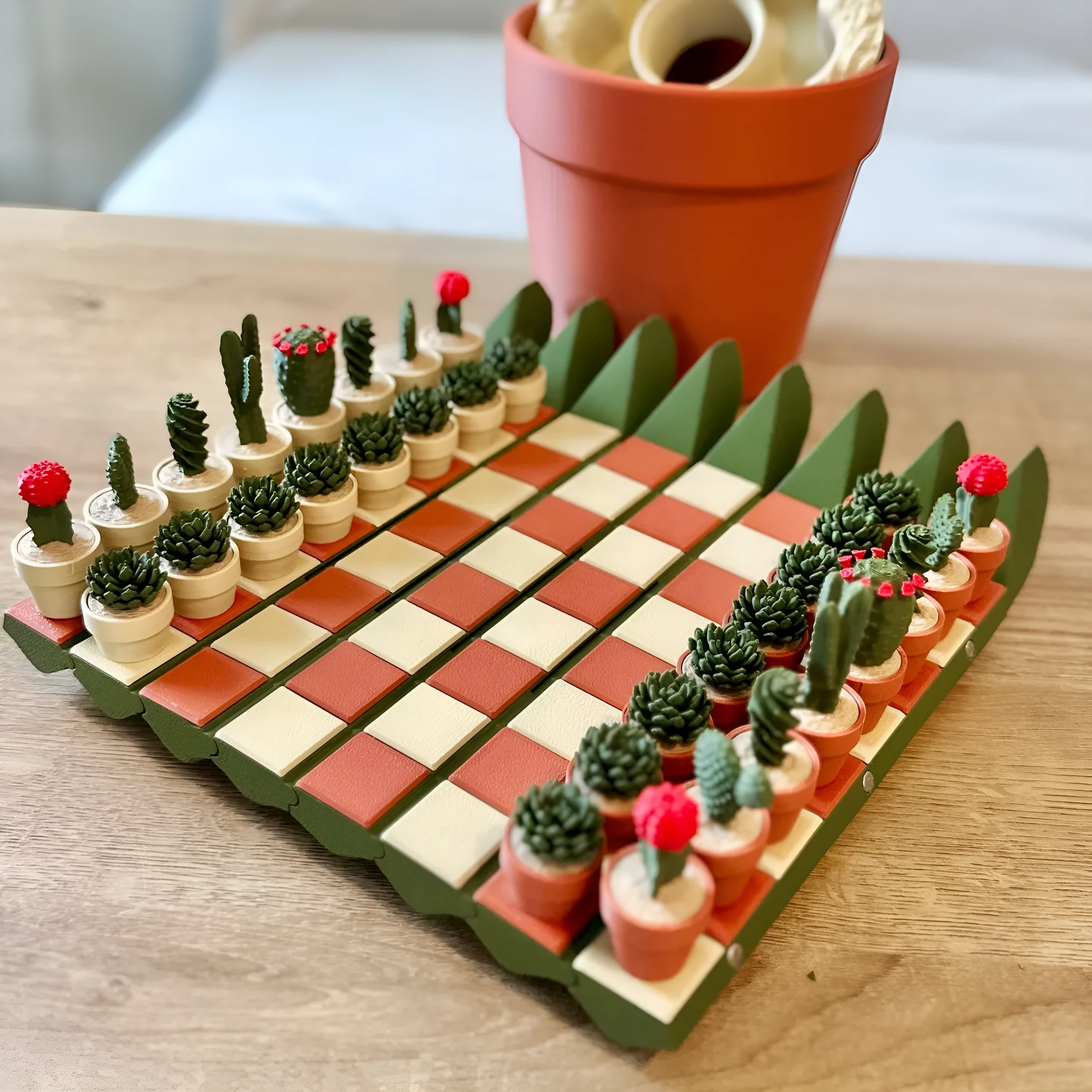 Full magnetic cactus succulent theme chess set with 24 pieces on a plastic board